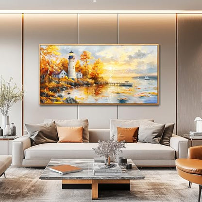 Ocean Beach Canvas Wall Art for Bedroom Lighthouse Seascape Painting 30x60 - color: Lighthouse Painting Wood Framed, size: 60"L x 30"W
