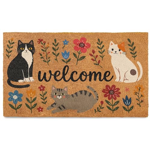 Welcome Coir Door Mat Outside and Indoor Entrance, Outdoor Mat for Front Door, Welcome Home Decorations, Colorful Outdoor Coir Doormat Porch Patio - Cats Design, Small 16x24 Inch - color: Cats Design, size: 1'4" x 2' (Rectangular)