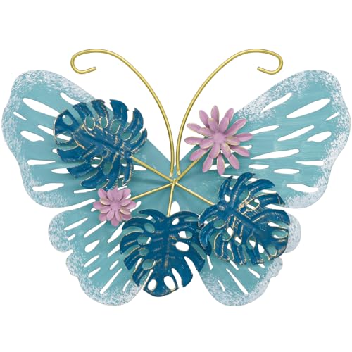 JinKune 12 Inch Butterfly Wall Decor 3D Double Layered Butterfly Leaf Floral Wall Art, Metal Wall Hanging Home Decorations Wall Sculpture Decor For Living Room Bedroom Kitchen Dining Room, Pink-Blue - color: Pink-Blue
