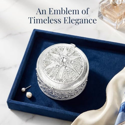 Silver Sunburst Rhinestone Round Jewelry Trinket Box - color: Silver_Round