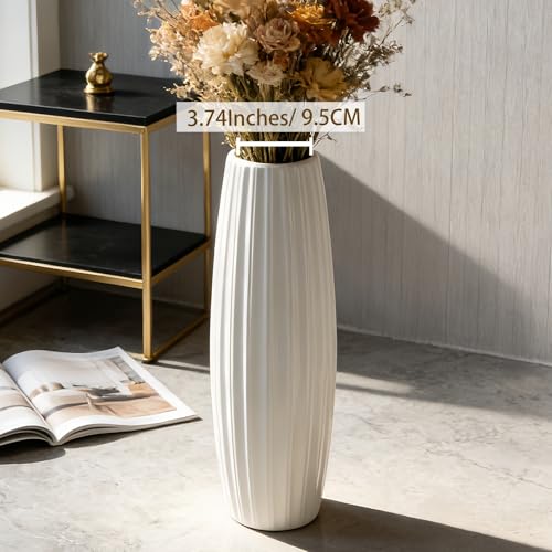 White Tall Ceramic Floor Vase, 17.7 Inch, Ribbed Drum Design - color: Vertical Stripes, size: Height-17.7 Inch