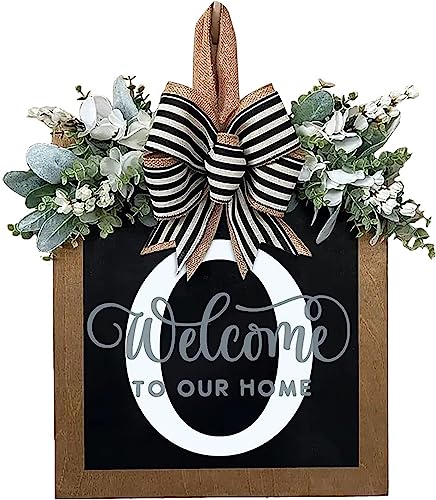 Last Name Year Round Front Door Wreath Front Porch Decoration 26 Letter Welcome Sign with Eucalyptus Garland and Bow Spring Wreaths for Front Door Outside Hanger Garland（O） - color: O