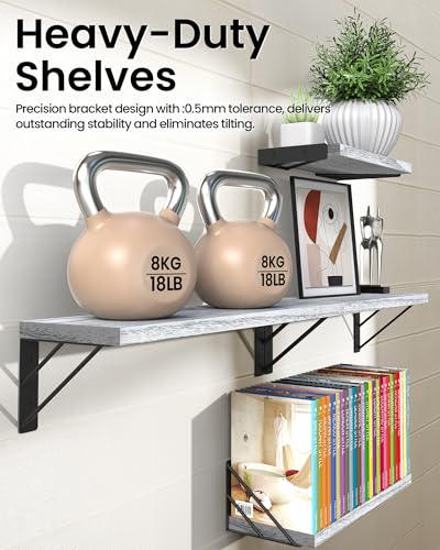 BAYKA Wall Mounted Floating Shelves (Gray and White, Set of 4, 16" Mixed) - color: E. Gray White Board & Black Brackets, size: 16 inches Mixed