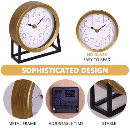 Modern Golden Table Clock on Stand, Decorative Desk and Shelf Clock, Mantel Clock Farmhouse Clock Non-Ticking, Home Décor for Living Room, Bedroom, Bedside, Desk, Gift Clock (Gold)