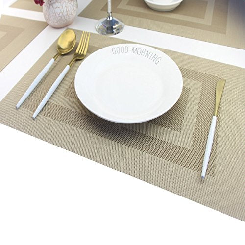 PIGCHCY Placemats Heat Resistant Non Slip Plastic Table Mats Washable Easy to Clean Woven Vinyl Kitchen Durable Placemats for Dining Table Set of 4 (Beige) - color: Box: Deep Beige, size: 4 Placemats