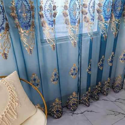 Amidoudou Rod Pocket Curtains European Luxury Sheer Embroidered Curtains for Living Room Bedroom (Blue,52" W x 90" L (Pack of 2)) - color: Blue, size: 52"W x 90"L (Pack of 2)