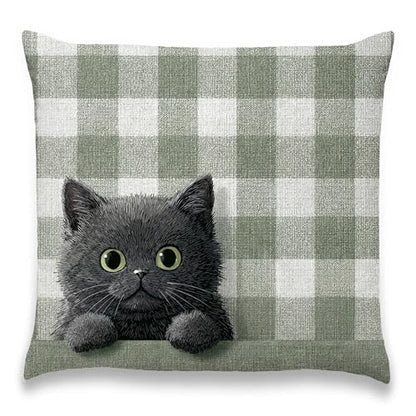 Black Kitten Pillow Cover 18x18 Inches, Sage Plaid Farmhouse Decor - color: Round Black Kitten