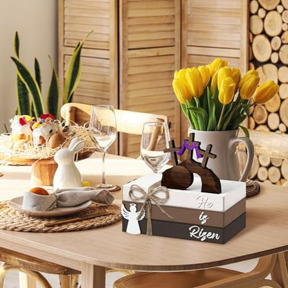 Spiareal 4 Pcs Easter Tiered Tray Decor He is Risen Wooden Sign Easter Religious Cross Christian Spring Table Centerpiece Decorative Stack Faux Book Block for Table Fireplace Mantel Floating Shelf - size: He is Risen