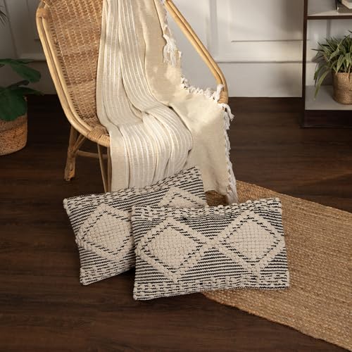 · REDEARTH · Boho Textured Handwoven Throw Pillow Cases, Diamond Medley - color: Diamond Medley Black, size: 20" x 12" (Pack of 2)