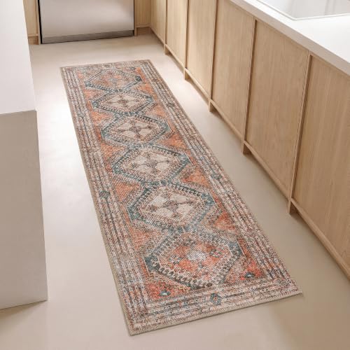 Knot Tangelo 2'6" x 12' Orange & Blue Runner Rug - Persian-Inspired Design - size: 2'6" x 12' (Rectangular)