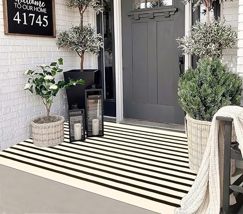 Washable Outdoor Rug 3'x5',Black and Beige Striped Area Rug - color: Beige Black, size: 3' x 5' (Rectangular)