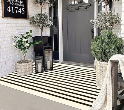 Washable Outdoor Rug 3'x5',Black and Beige Striped Area Rug - color: Beige Black, size: 3' x 5' (Rectangular)