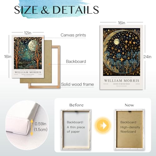 Hianan Wrapped Canvas William Morris Moon Star Wall Art Set of 3, 12x16 in - color: Dark Blue,Gold, size: 16"L x 12"W