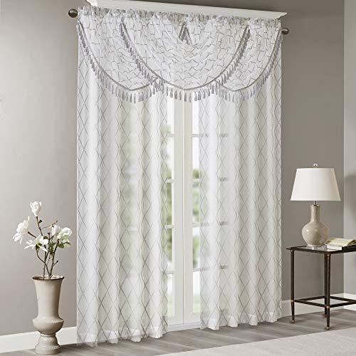 Madison Park Diamond Embroidered Sheer Ascot Valance, 38x46 White/Grey - color: White/Grey, size: 38"W x 46"L (Pack of 1)