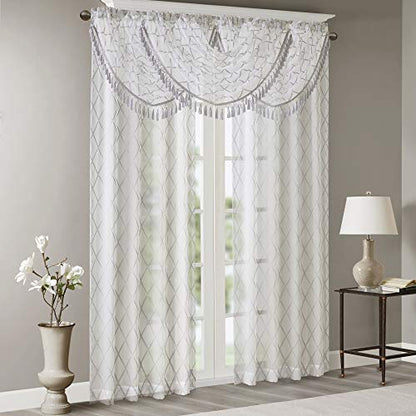 Madison Park Diamond Embroidered Sheer Ascot Valance, 38x46 White/Grey - color: White/Grey, size: 38"W x 46"L (Pack of 1)