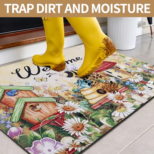 Welcome Mat 17x29 Non Slip Rubber Back Door Mat Outside Entrance - color: Bees