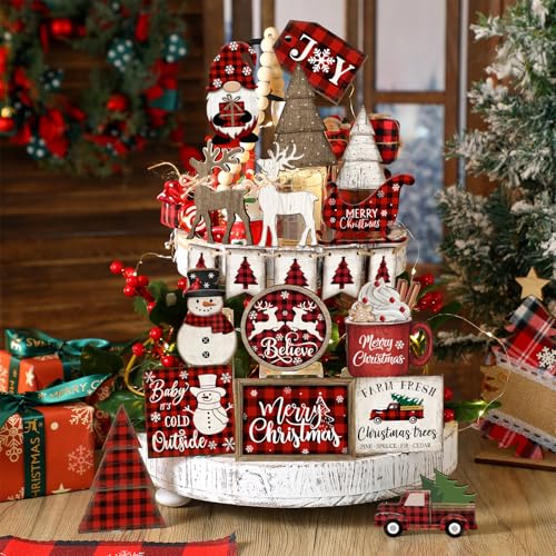 Shellwei 21 Pcs Christmas Tiered Tray Decor Set Wood Rustic Buffalo Plaid Christmas Decoration Winter Farmhouse Decor Xmas Trees Gnome Elk Snowflake Signs for Table Shelf Home Centerpiece (Plaid) - style: Plaid