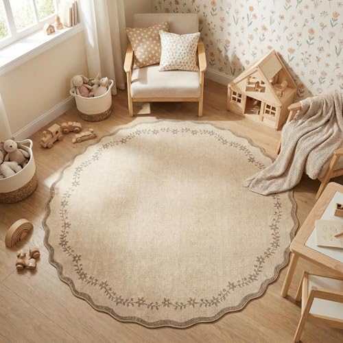 GarveeHome Round Rugs 4ft Scalloped Washable Small Circle Rug for Kids Room - color: Jute, size: 4' (Round)
