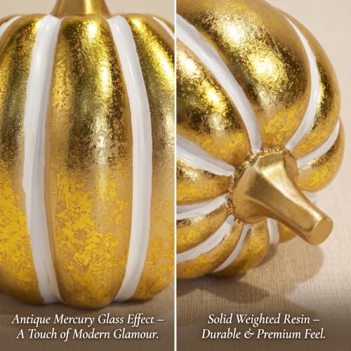 FESTGLOX 2Pcs Resin Pumpkin Figurines, Fall Thanksgiving Decor - color: Gold and White-2pcs
