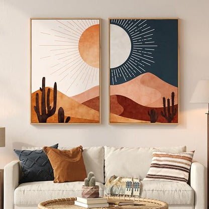 Large Framed Boho Desert Landscape Canvas Wall Art for Living Room, 24x36 - color: Terracotta Blue, size: 24" W x 36" H x 2Pcs