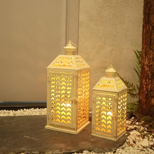 LED 랜턴 장식 실내 및 실외, 2개 세트 (45.7cm(18피트) 및 3m(13피트) 금속 캔들 랜턴, 현관, 파티오, 결혼식, 농가 집, 크리스마스 장식용 빈티지 벽걸이 캔들 홀더 - color: Begie With Golden Brush / 45.7cm(18인치)+33cm(1