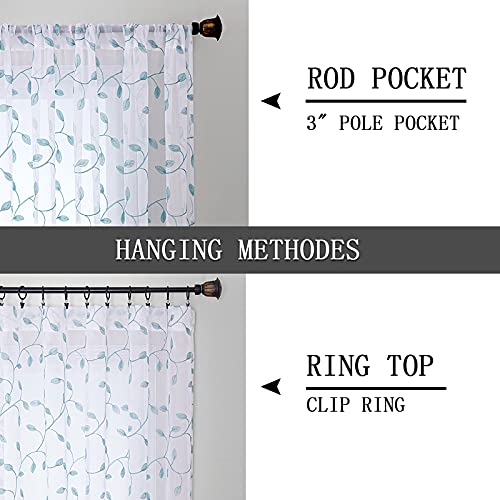 Tollpiz Leaves Sheer Tier Curtain Teal Blue Leaf Embroidery Kitchen Half Curtains Rod Pocket Voile Faux Linen Embroidered Leaves Curtain for Bathroom, 30 x 36 inches Long, Set of 2 Panels - color: Teal Blue, size: 30"W x 36"L (Pack of 2)