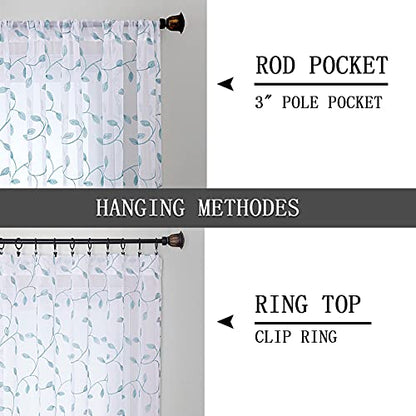 Tollpiz Leaves Sheer Tier Curtain Teal Blue Leaf Embroidery Kitchen Half Curtains Rod Pocket Voile Faux Linen Embroidered Leaves Curtain for Bathroom, 30 x 36 inches Long, Set of 2 Panels - color: Teal Blue, size: 30"W x 36"L (Pack of 2)