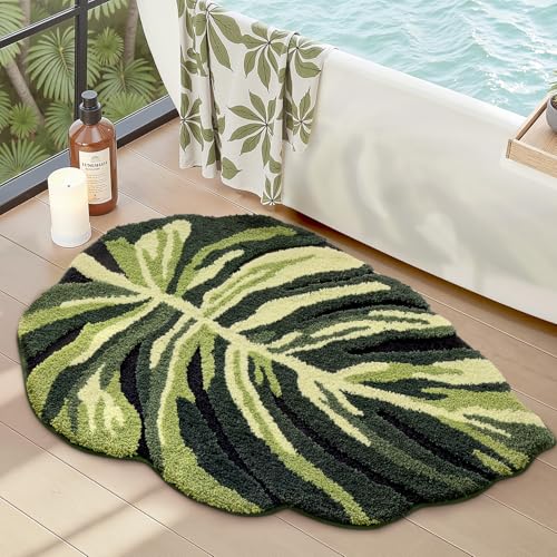 LUMI Cute Bathroom Rug Green Leaf, Absorbent Non Slip Bath Mat, 24"x32" - color: Dark Monstera