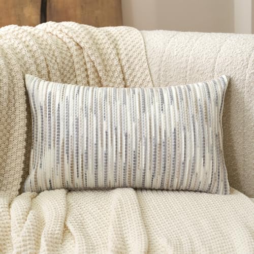 Aeckself Boho Striped Pillow Cover 12x20, Rectangle Decorative Lumbar Throw Pillow Cover Chenille Neutral Pillowcase for Couch Bedroom Living Room, Gray White - color: Gray White, size: 20" x 12" (Pack of 1)