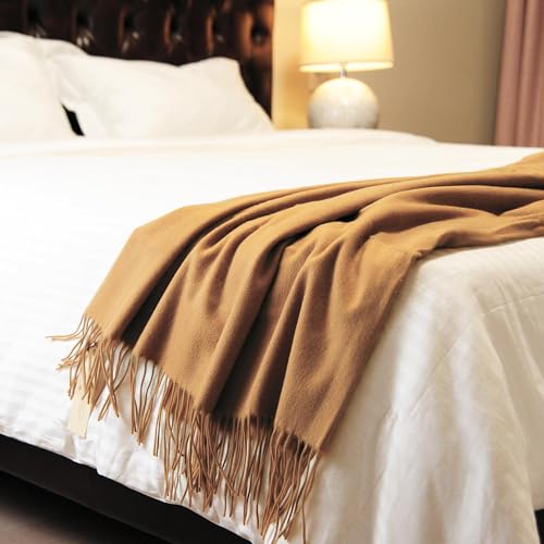 CUDDLE DREAMS Premium Cashmere Throw Blanket with Fringe (Camel) - color: Camel