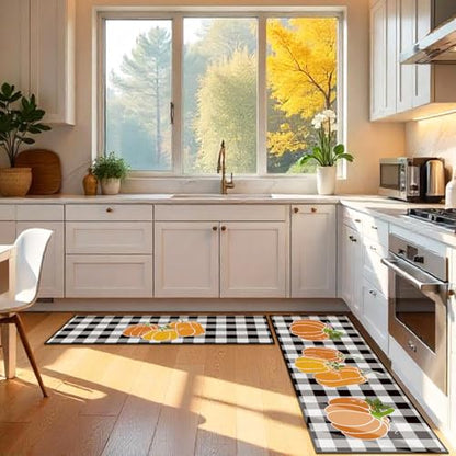 Fourluoo 3 Pcs Fall Pumpkin Kitchen Rugs and Mats Buffalo Plaid - color: Pumpkin
