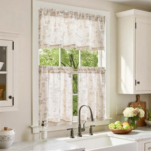 jinchan Taupe Linen Floral Kitchen Tier Curtains and Valance Set 3 Pieces - color: Alisa | Taupe on Linen, size: 26"W x 24"L (Pack of 3)