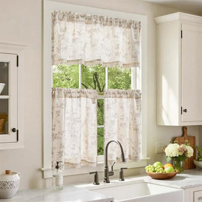 jinchan Taupe Linen Floral Kitchen Tier Curtains and Valance Set 3 Pieces - color: Alisa | Taupe on Linen, size: 26"W x 24"L (Pack of 3)