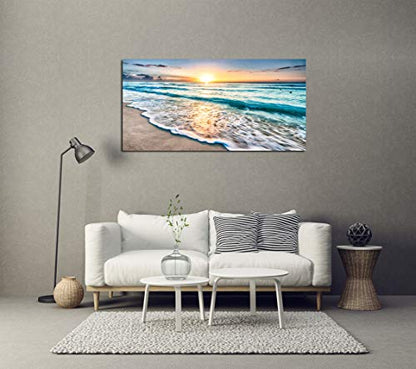 Baisuart S02262 Canvas Prints Wall Art Beach Sunset Ocean Waves Nature Pictures Stretched Canvas Wooden Framed for living Room Bedroom and Office - color: Sunset Waves, size: 48"L x 24"W