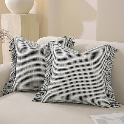 Handmade Tassel Boho Striped Fringe Pillow Covers Set of 2-22x22 Inch - color: Black, size: 22" x 22" (Pack of 2)