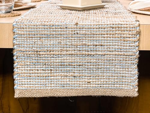 Chardin Home Natural Jute Table Runner, 13x90 Inch, Sky Blue-White - color: Natural Jute-sky Blue-white, size: 13x90 Inch.