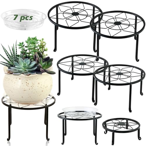 7-pack Metal Plant Stands Indoor Outdoor Rustproof Iron Potted Plant Holder Heavy-duty Round Flower Pot Riser Shelf for Garden, Patio, Corner Stand with Clear Water Tray 6.9"/ 7.9"/ 9"/ 10"/ 11" - size: 7 Pack (6.9, 7.9, 9, 10, 11 inch)