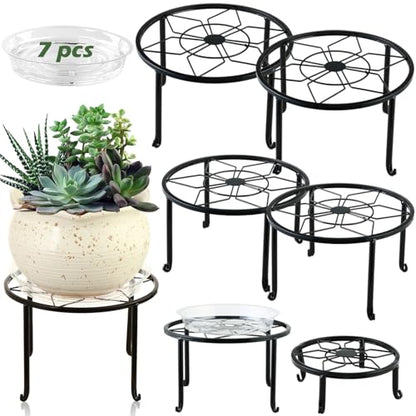 7-pack Metal Plant Stands Indoor Outdoor Rustproof Iron Potted Plant Holder Heavy-duty Round Flower Pot Riser Shelf for Garden, Patio, Corner Stand with Clear Water Tray 6.9"/ 7.9"/ 9"/ 10"/ 11" - size: 7 Pack (6.9, 7.9, 9, 10, 11 inch)