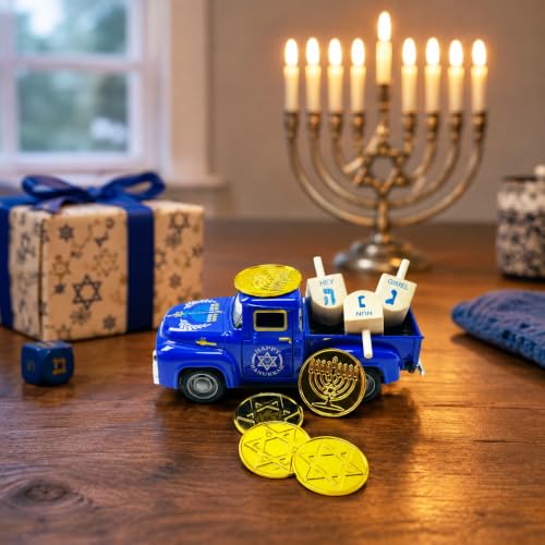 Hanukkah Truck Decor with 3 Wooden Dreidels and Gold Gelt Coins, 5.7-Inch - color: Hanukkah Blue