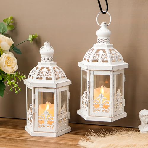 TRIROCKS Set of 2 Vintage Decorative Lanterns 9.5" H Hanging Lantern Metal Candleholder with Tempered Glass for Indoor Outdoor Home Decor Parties Garden Events Wedding(White with Grey Brush) - color: 9.5" H White
