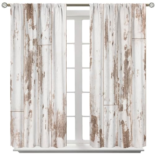 Rustic Curtains Farmhouse White Wooden Board Pattern Blackout Print Rod Pocket Window Drapes for Bedroom Living Room 42x63in - color: Rustic-1, size: 21"W x 63"L (Pack of 2)