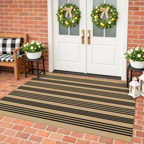 KILOCOCO Striped Rug 4x6 ft Washable Woven Front Door Rug, Brown and Black - color: Brown and Black Stripe, size: 4' x 6' (Rectangular)