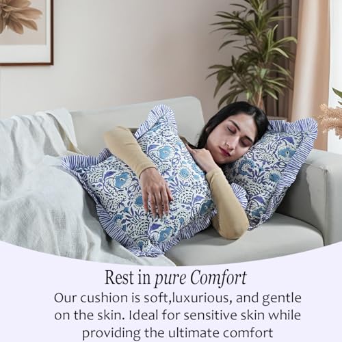 CPC Indigo Blue Block Print Ruffle Pillow Cover 18x18 Inch, Pack of 2 - color: Indigo Blue, size: 18" x 18" (Pack of 2)