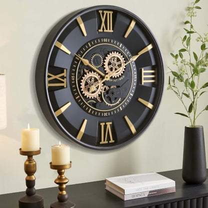 CLXEAST Mid Century Modern Black Gold 24 Inch Wall Clock with Moving Gears - color: Mid Century Modern Black/Gold, size: 24 Inch