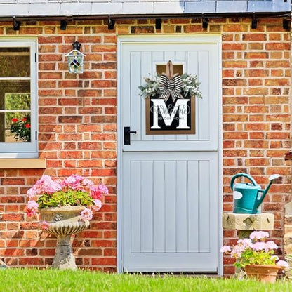 Last Name All Year Round Front Door Wreath with 26 Initial Letter Welcome Sign All Seasons Eucalyptus Garland and Bow ，Farmhouse, Porch, for Spring Summer Fall All Seasons Holiday Halloween Christmas. (M) - color: M