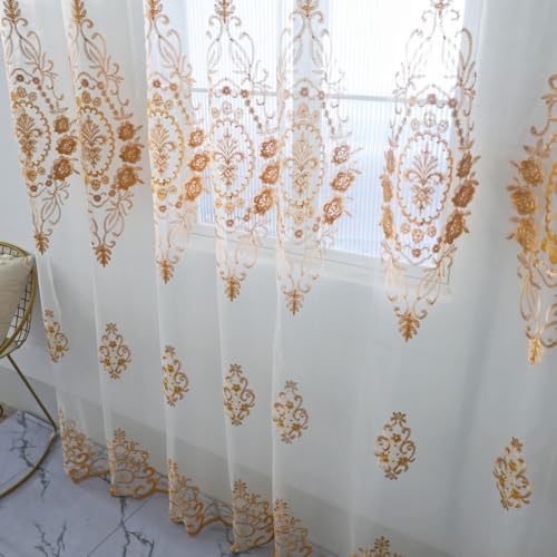 Amidoudou Rod Pocket Curtains European Luxury Sheer Embroidered Window Screening for Living Room Bedroom Tulle Curtains (Gold,52" W x 84" L (Pack of 2)) - color: Gold, size: 52"W x 84"L (Pack of 2)