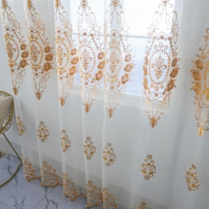 Amidoudou Rod Pocket Curtains European Luxury Sheer Embroidered Window Screening for Living Room Bedroom Tulle Curtains (Gold,52" W x 84" L (Pack of 2)) - color: Gold, size: 52"W x 84"L (Pack of 2)