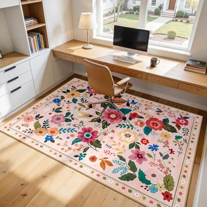 RELEANY Floral Washable 7x9 Area Rugs Pink - color: Pink, size: 7' x 9' (Rectangular)