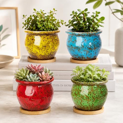 ARTKETTY Succulent Pots, 4.5'' Small Plant Pots with Drainage Tray - color: 4.5'' Colorful 2