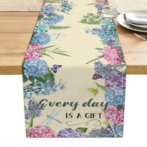 Every Day is A Gift Dragonfly Hydrangea Spring Table Runner 13x72 Inch - color: Floral Butterfly